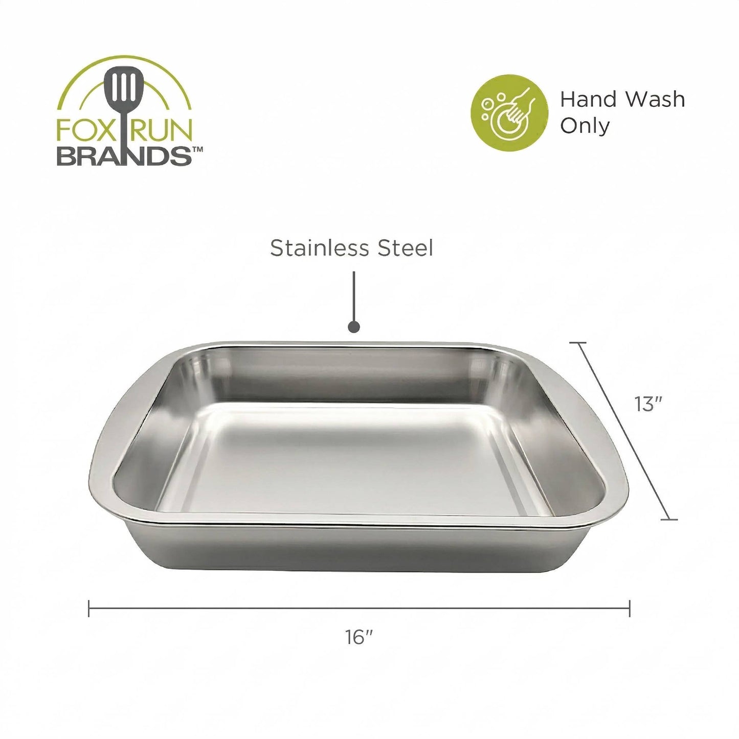Stainless steel roasting pan with Fox Run Brands logo and dimensions on a white background