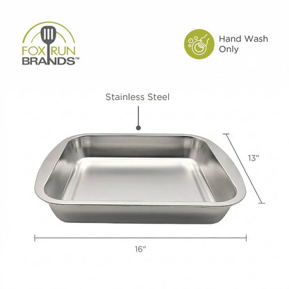 Stainless steel roasting pan with Fox Run Brands logo and dimensions on a white background