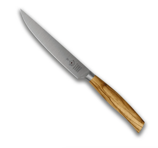 An F. Herder steak knife with stainless steel blade and an olive wood handle.