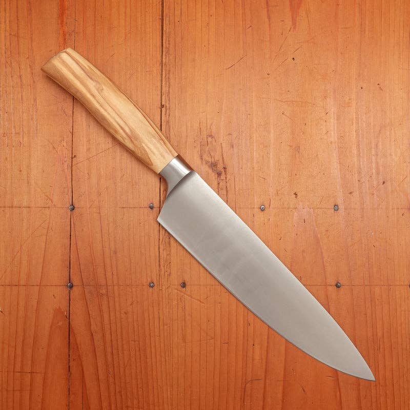 F. Herder stainless steel chef knife with olive wood handle, made in Germany.