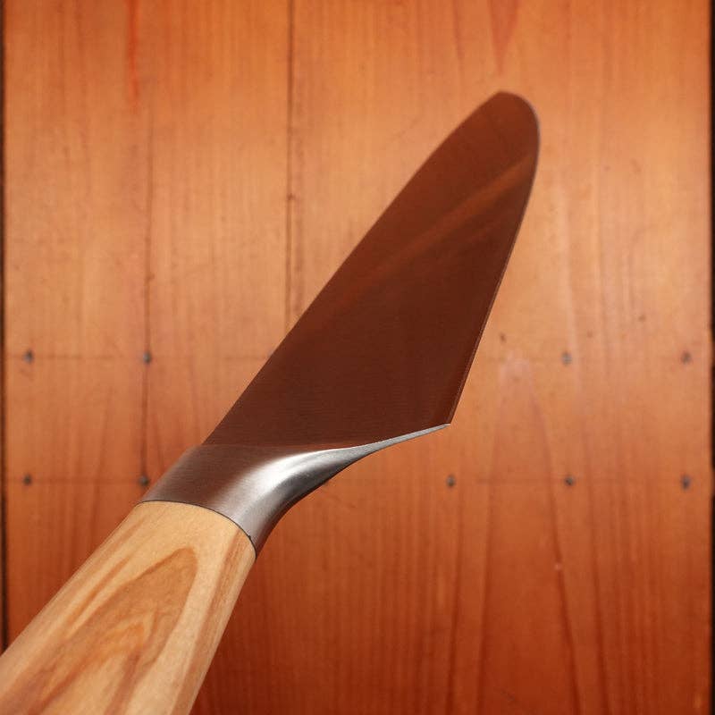 F. Herder stainless steel chef knife with olive wood handle, made in Germany.