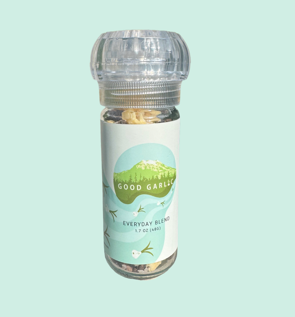 Bottle of 'Good Garlic' Everyday Blend on a light green background