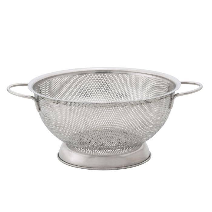Metal mesh colander on a white background