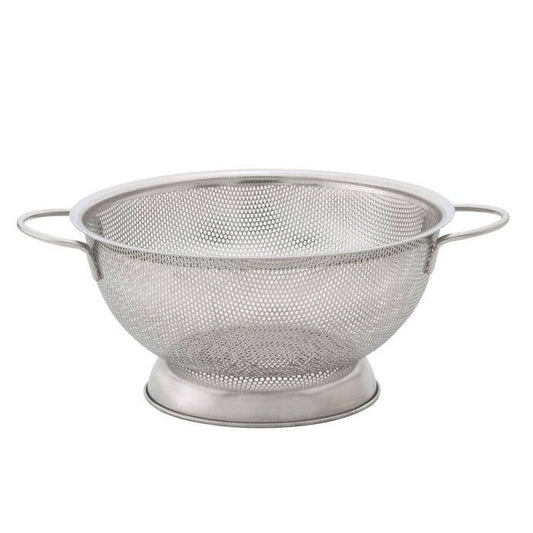 Metal mesh colander on a white background