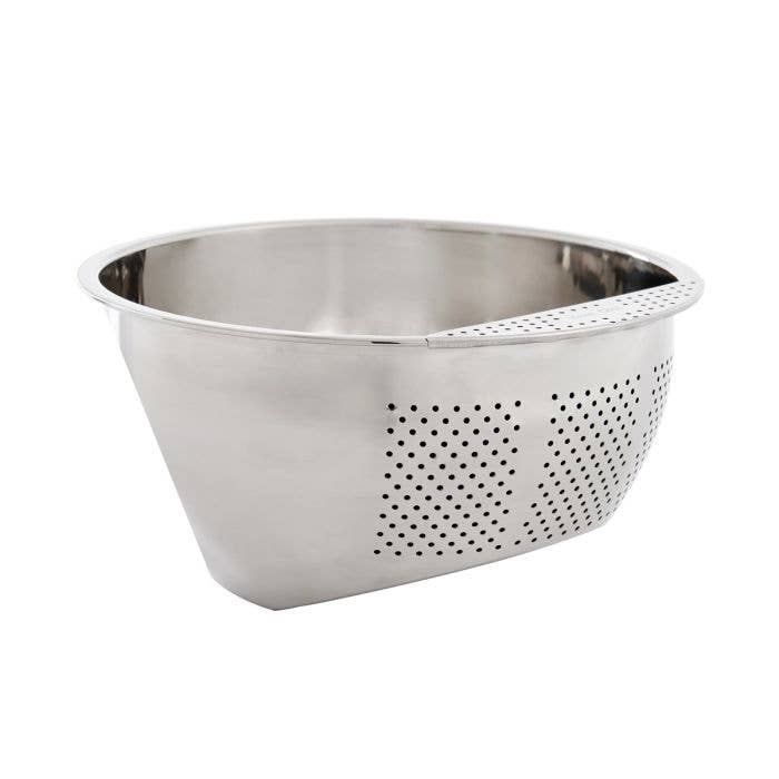 Stainless steel rice washing bowl on a white background