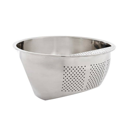 Stainless steel rice washing bowl on a white background