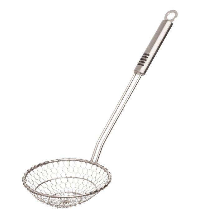 Metal mesh skimmer with handle on a white background