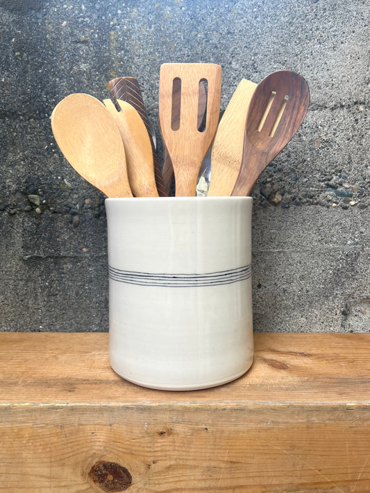 Downing Pottery Utensil Holder - White with stripes