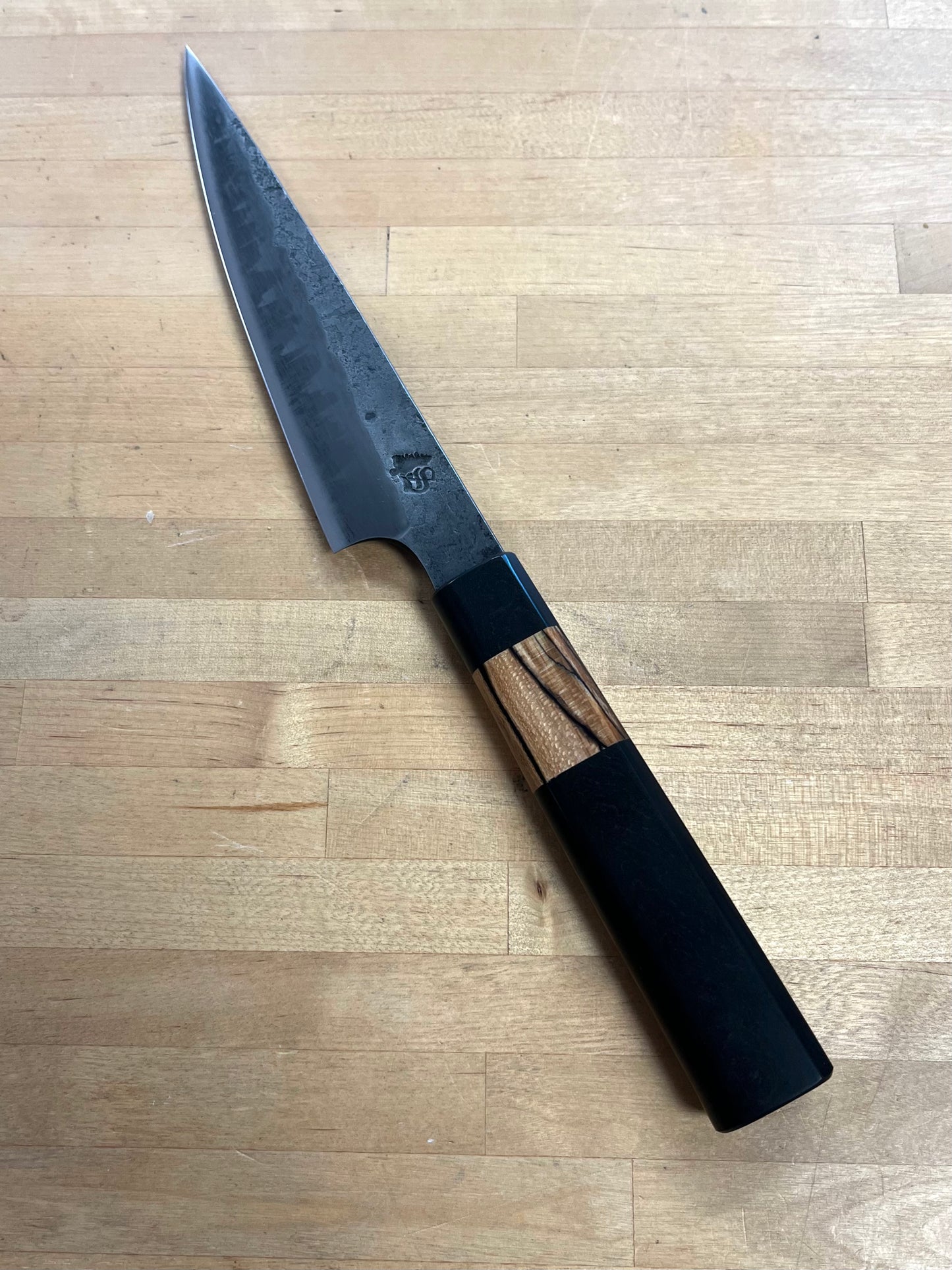 Showalter Smithing, Cascade Collection Coffee Etched 6" Petty Black with Richlite & Spalted Maple handle