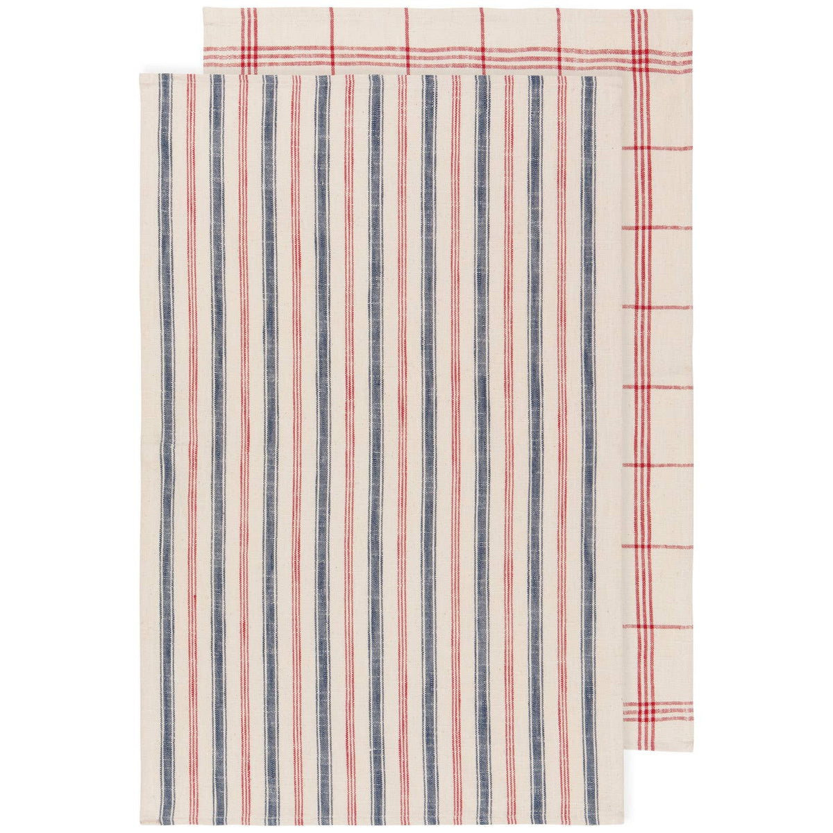 A set of two striped dishtowels, one with red stripes and one with blue, both made of organic cotton.