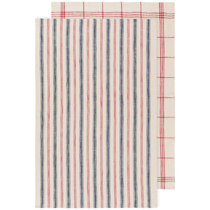 A set of two striped dishtowels, one with red stripes and one with blue, both made of organic cotton.