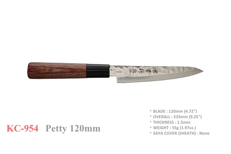 A Japanese Petty kitchen knife with a dark reddish-brown wood handle, black ferrule, and hammered silver steel blade, shown on a white background with product text and specifications.