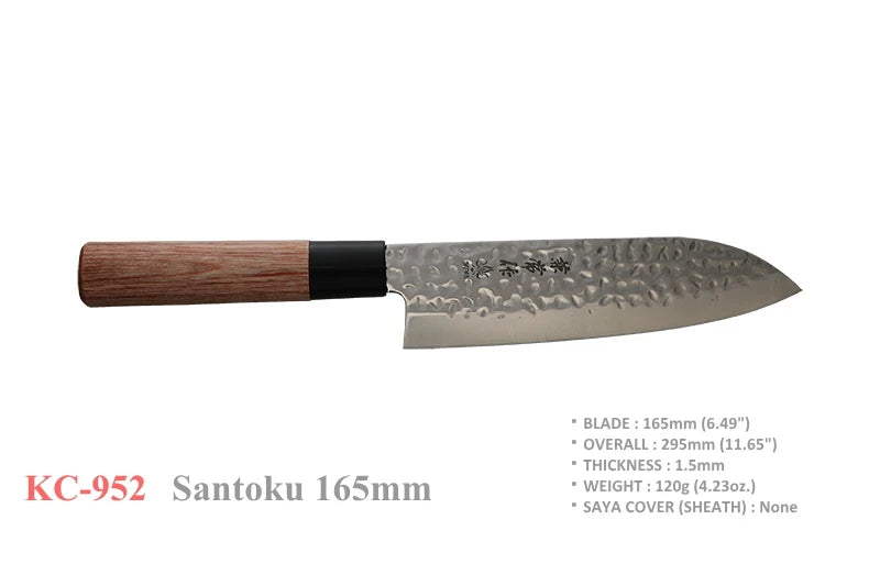 A Japanese Santoku knife with a hammered steel blade and a dual-tone wooden handle, shown against a plain white background with product specifications printed below.