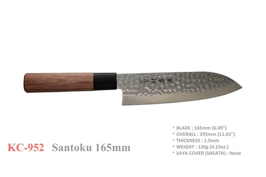 A Japanese Santoku knife with a hammered steel blade and a dual-tone wooden handle, shown against a plain white background with product specifications printed below.