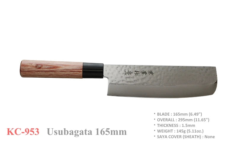 A Japanese kitchen knife with a hammered steel blade and a wooden handle, shown on a white background with product specifications printed below.