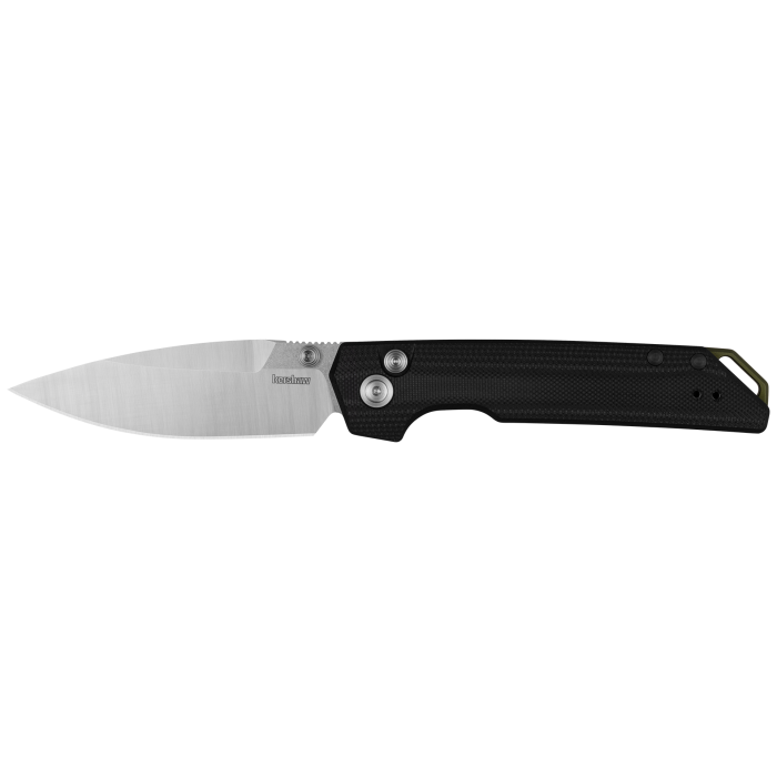 Folding knife with black handle and silver blade on a white background