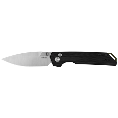 Folding knife with black handle and silver blade on a white background