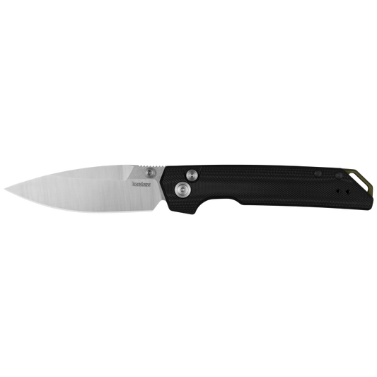 Folding knife with black handle and silver blade on a white background