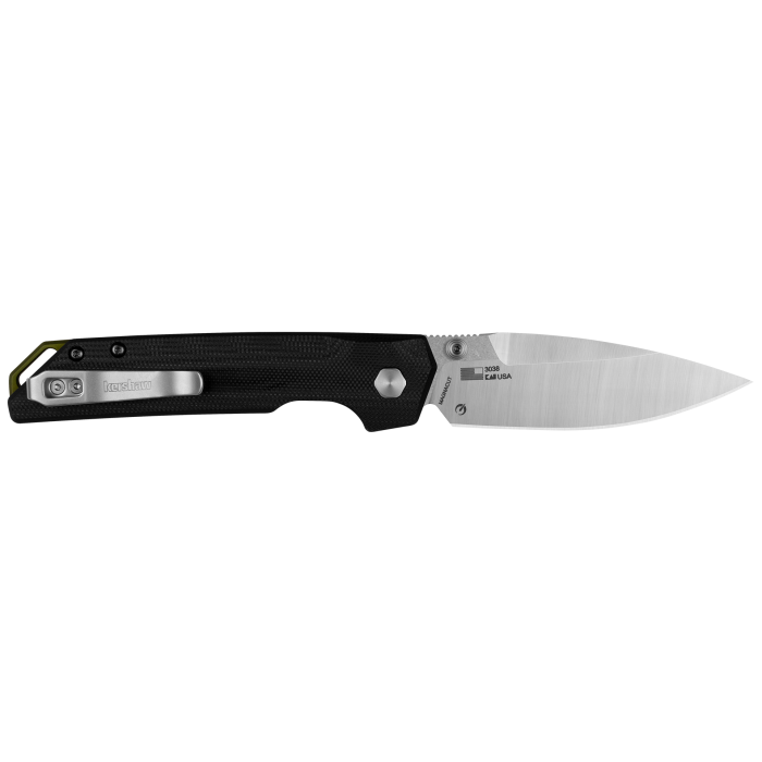 Folding knife with a black handle and silver blade on a white background