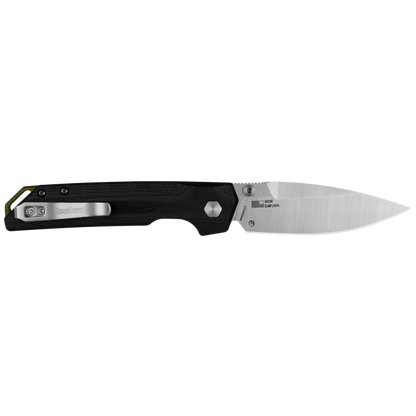 Folding knife with a black handle and silver blade on a white background
