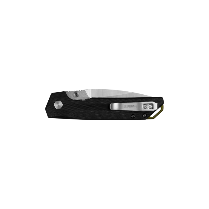 Black folding knife with a silver blade and silver clip on a white background
