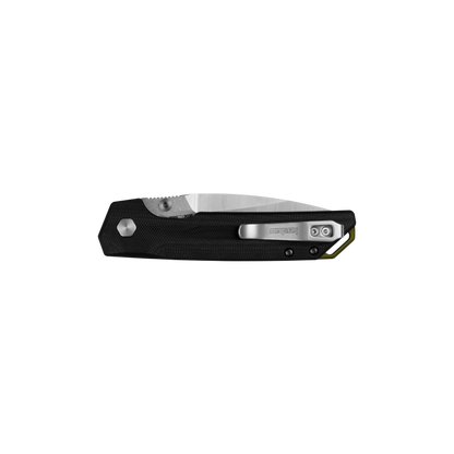Black folding knife with a silver blade and silver clip on a white background