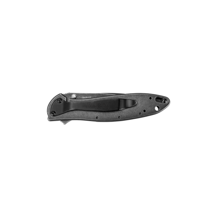 A black folding pocket knife with a handle and a black metal clip, shown horizontally against a plain white background.
