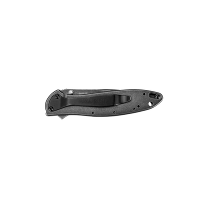 A black folding pocket knife with a handle and a black metal clip, shown horizontally against a plain white background.
