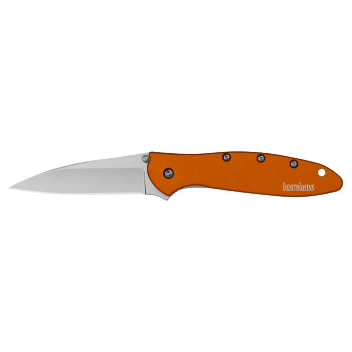 A folding pocket knife with a satin-finished silver blade and a textured orange handle, shown open against a solid white background. The brand name 'Kershaw' is clearly printed on the side of the handle.