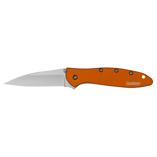 A folding pocket knife with a satin-finished silver blade and a textured orange handle, shown open against a solid white background. The brand name 'Kershaw' is clearly printed on the side of the handle.