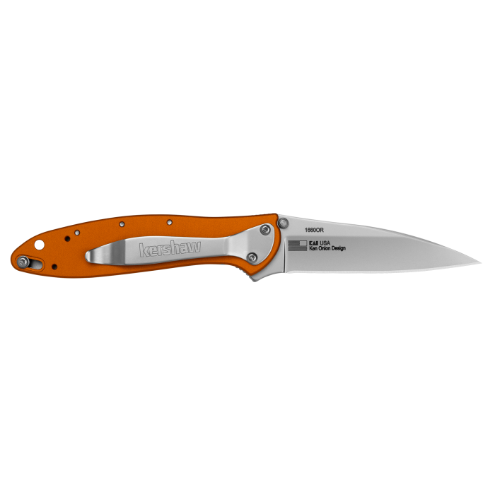 A Kershaw folding pocket knife with a bright orange handle and a silver stainless steel blade, shown open against a solid white background.