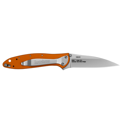 A Kershaw folding pocket knife with a bright orange handle and a silver stainless steel blade, shown open against a solid white background.