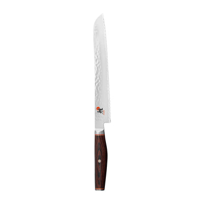 Miyabi Artisan Bread knife on white background.