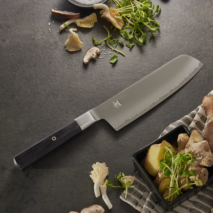 Miyabi Koh Nakiri on black textured background with mushrooms and greens.