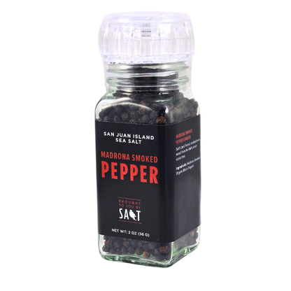 San Juan Island Sea Salt, Madrona Smoked Pepper with grinder