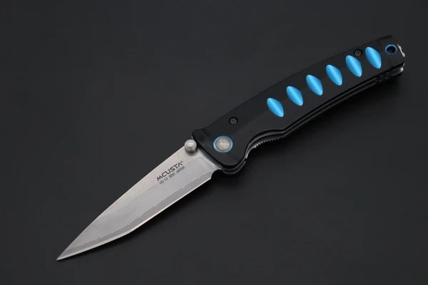 A folding pocket knife with a satin finish stainless steel blade and a black handle featuring bright blue accents, shown on a dark gray background.