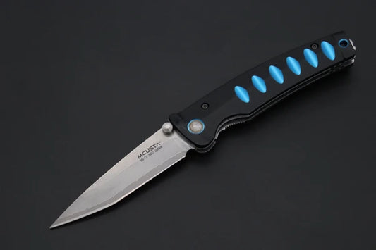 A folding pocket knife with a satin finish stainless steel blade and a black handle featuring bright blue accents, shown on a dark gray background.