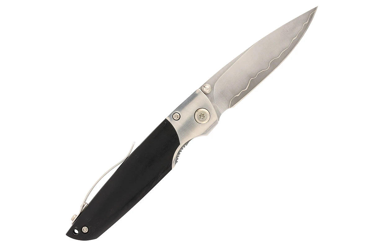 A folding pocket knife with a black handle and a silver steel blade, shown open against a plain white background.