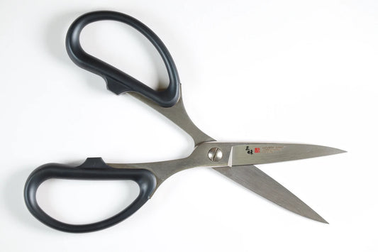 Pair of scissors with black handles on a white background