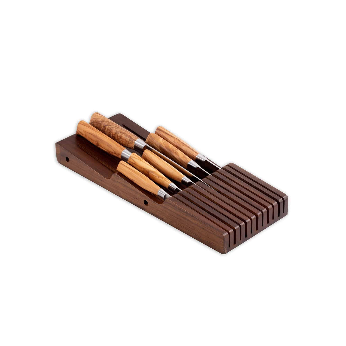 Set of knives with wooden handles in a brown wooden holder on a white background
