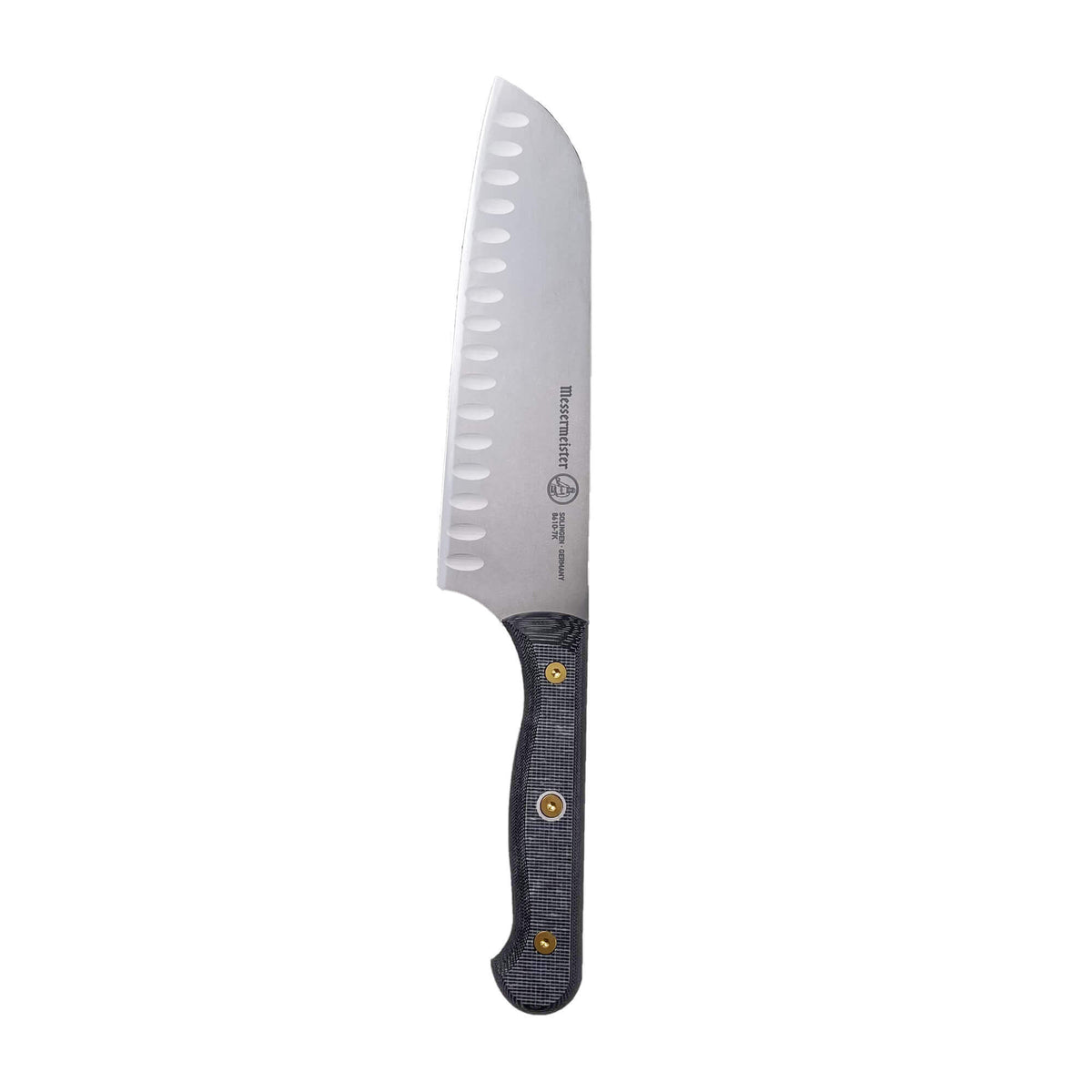 Santoku knife with a textured handle on a white background