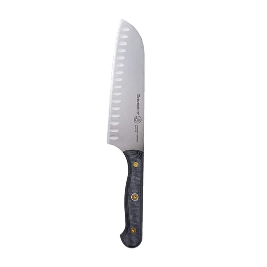 Santoku knife with a textured handle on a white background