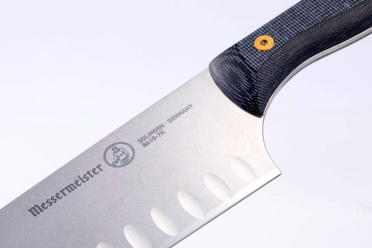 Close up of Messermeister logo on Custom Santoku