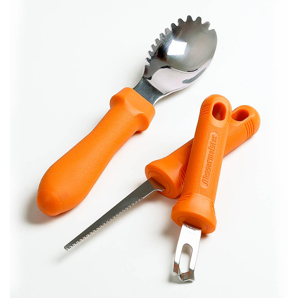 Orange-handled pumpkin carving tools with metal blades on a white background