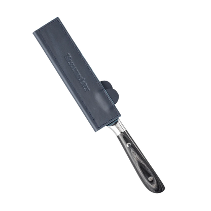 Knife with a blue leather sheath on a white background