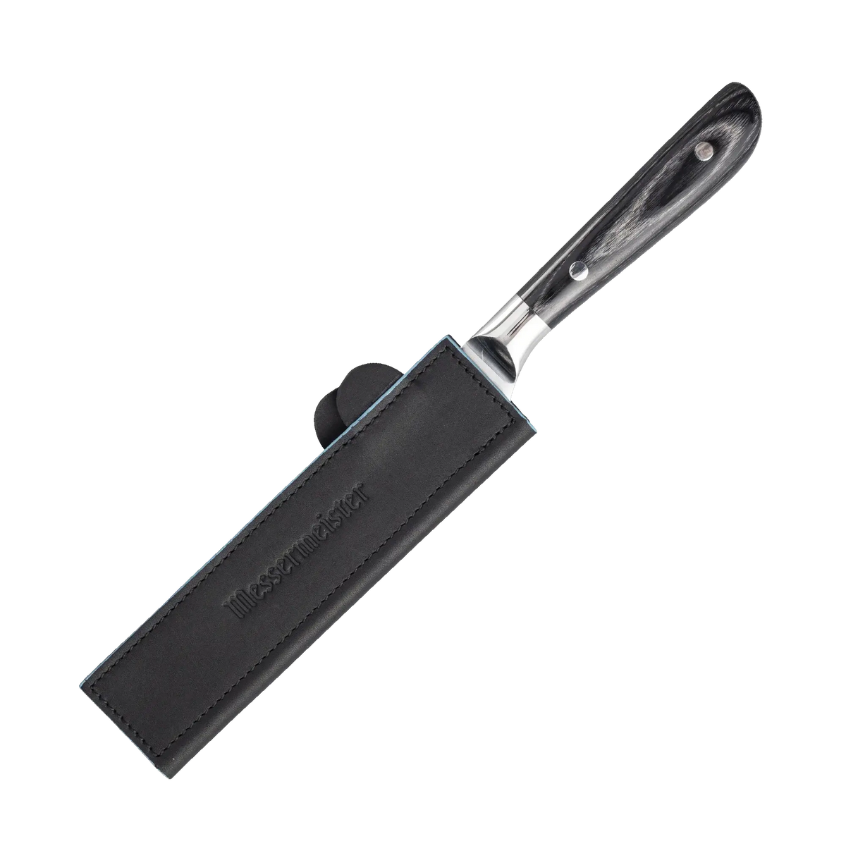 Knife with blue leather sheath on a white background