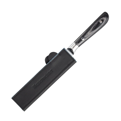 Knife with blue leather sheath on a white background