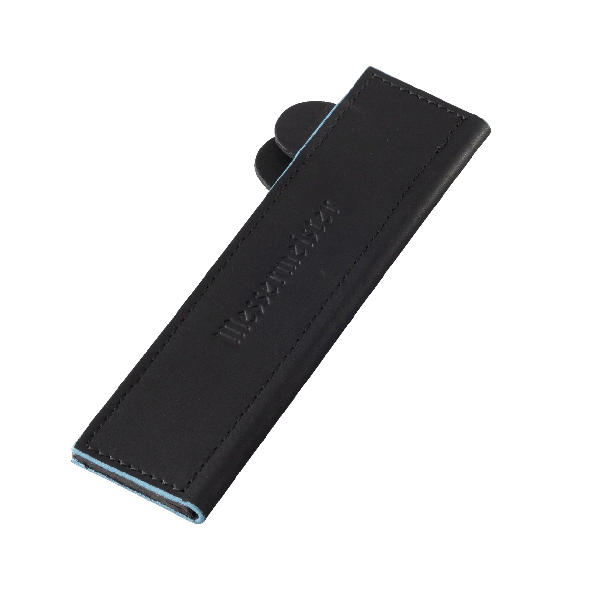 Black leather knife guard with brand embossing on a white background