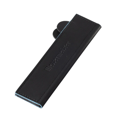 Black leather knife guard with brand embossing on a white background