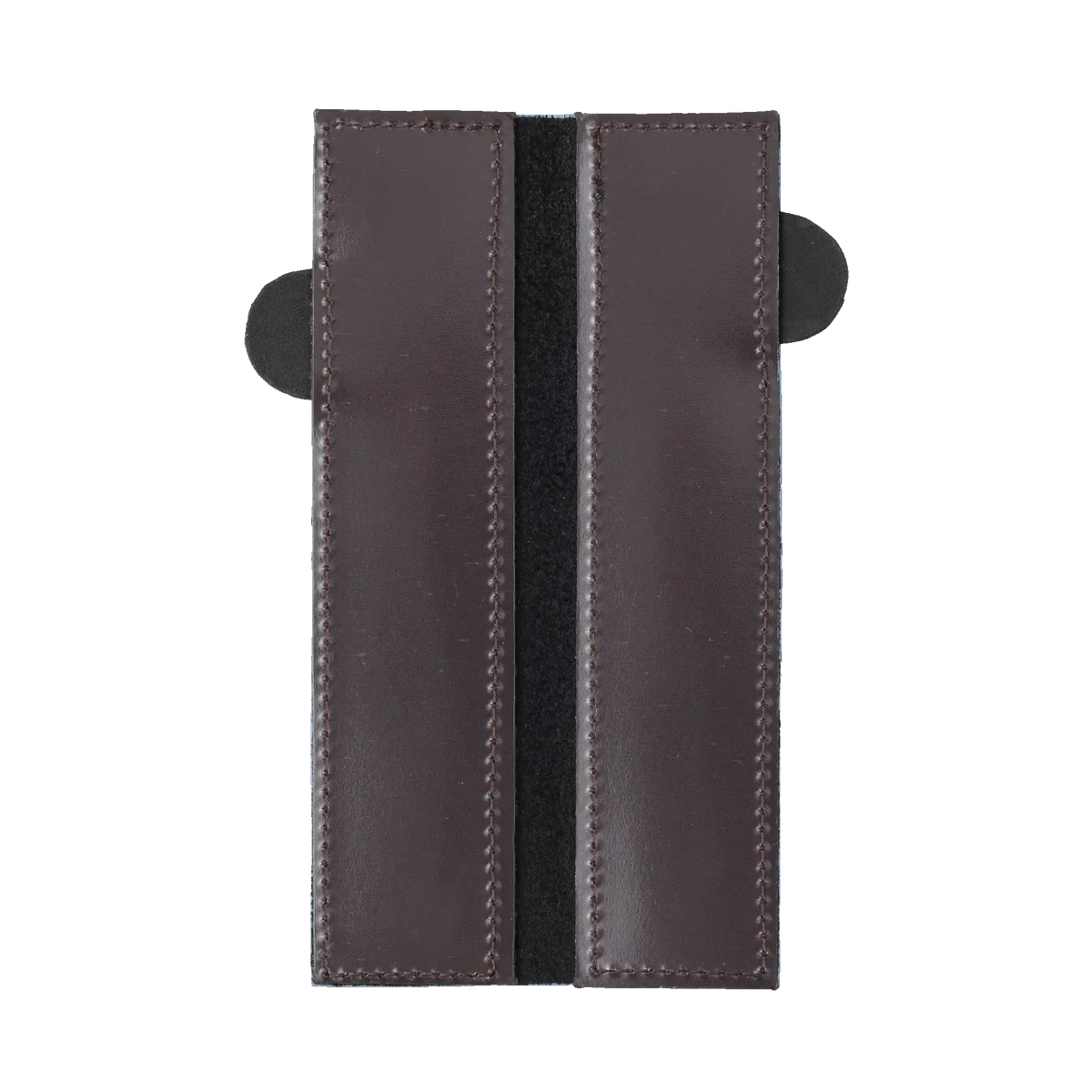 Inside view of leather knife guard with stitching detail on a white background